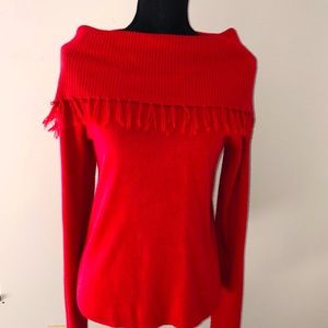 Crystal Kobe red cowl neck sweater with red fringe trim on ends of cowl neck